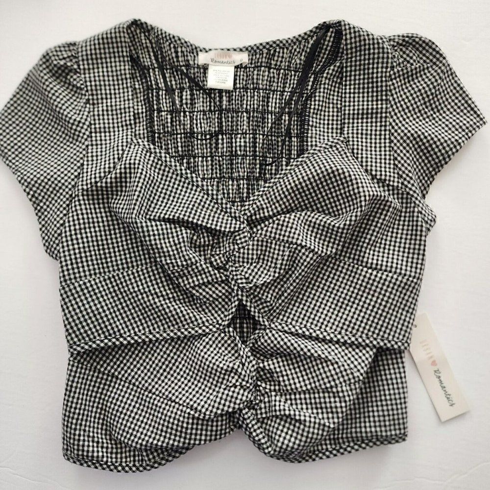 URBAN ROMANTICS Women's L Blk White‎ Gingham Cut Out Front Crop Top Smocked Back